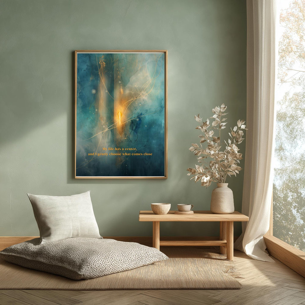 "My life has a center, and I gently choose what comes close." — Patina Blue Abstract Moon Print