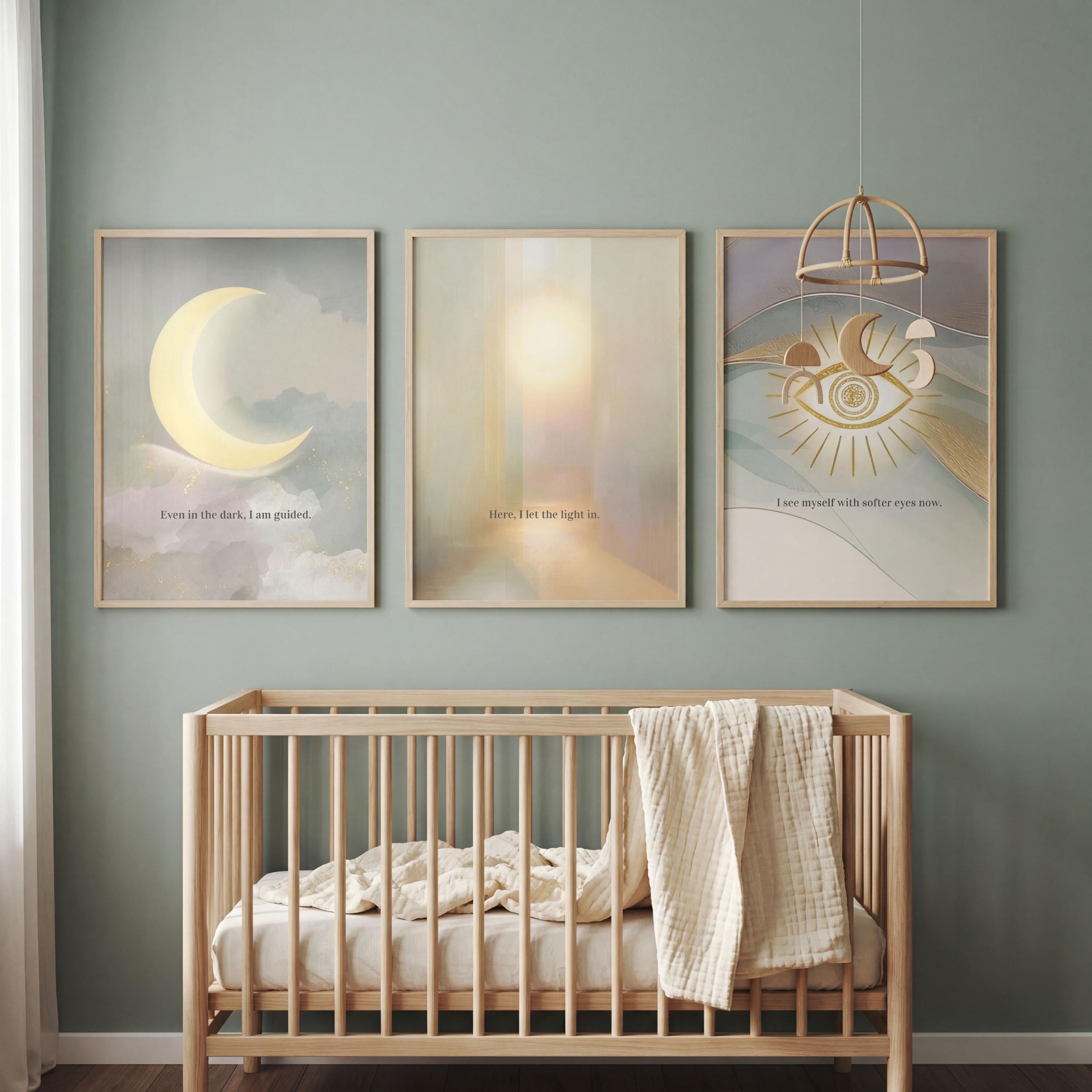 Spiritual Moon Chakra Vertical Print Set of 3, Narrow Hallway Wall Art