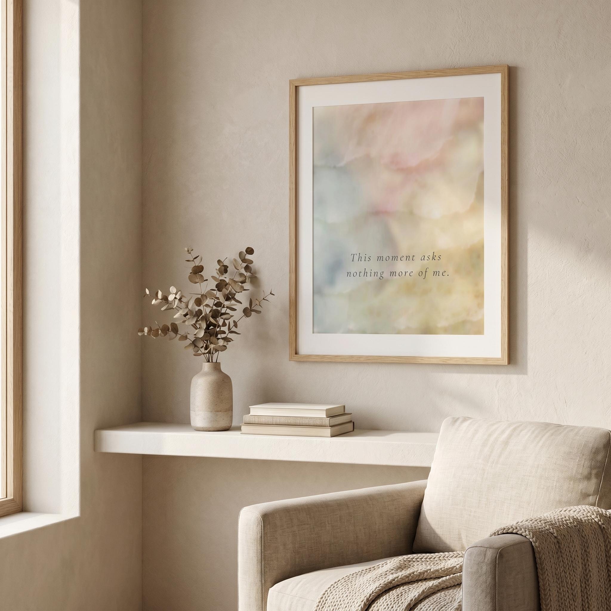 "This moment asks nothing more of me." — Holding Abstract Print, Soft Blush & Honey Mindfulness Wall Art