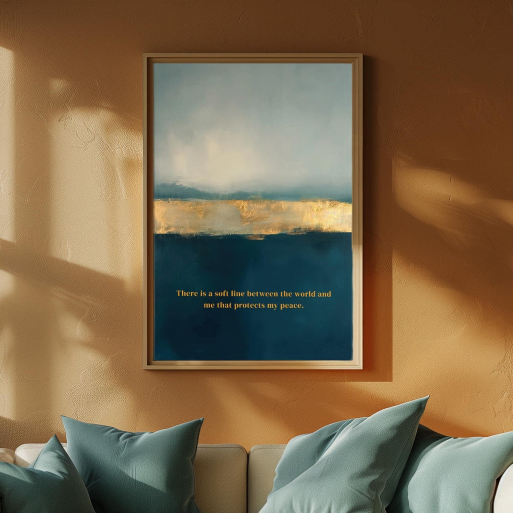 A framed abstract wall art print hangs on a warm brown wall above a sofa with teal pillows. The artwork features a blue and gold landscape with a quote in gold text near the bottom.