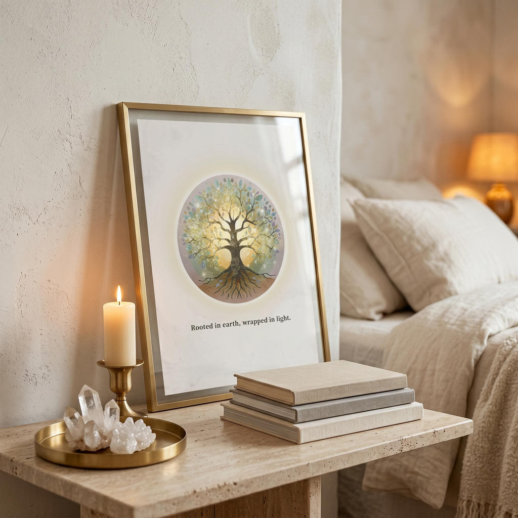 Inner Light tree wall art framed on a wooden bedside table with a linen covered bed in the background, soft candle light and 3 linen notebooks infront of the image with a gold frame around it, a candle and a clear quartz crystal. 