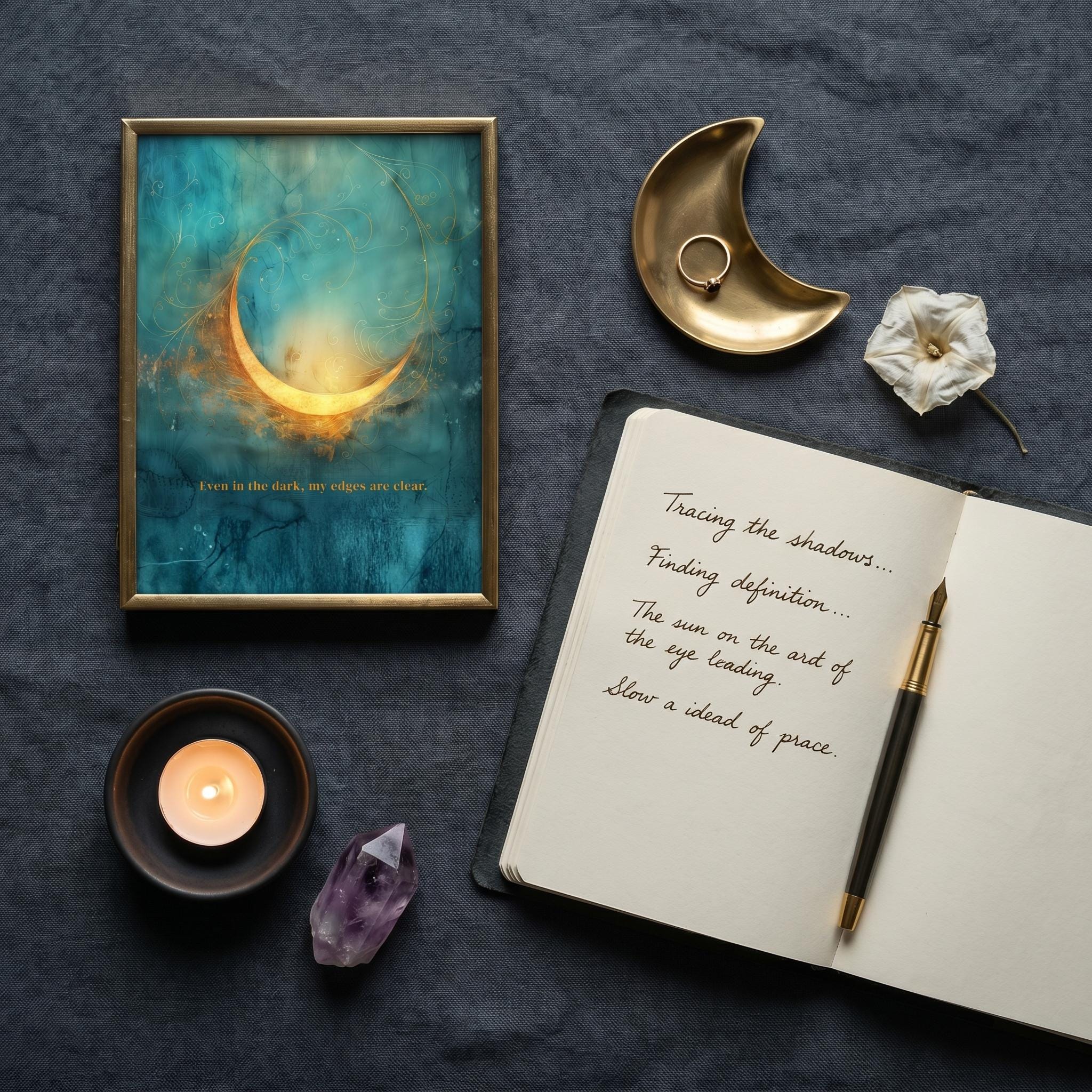 "Even in the dark, my edges are clear." — Teal & Gold Abstract Glow Print, Boundary Affirmation Wall Art
