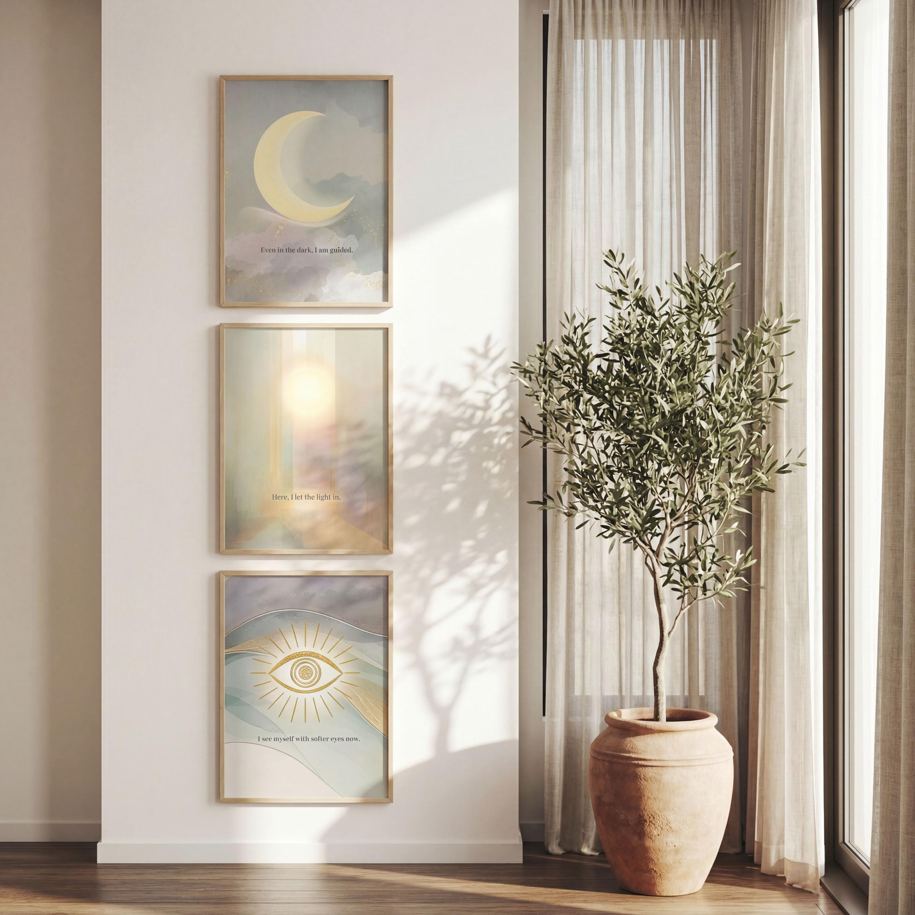 Spiritual Moon Chakra Vertical Print Set of 3, Narrow Hallway Wall Art