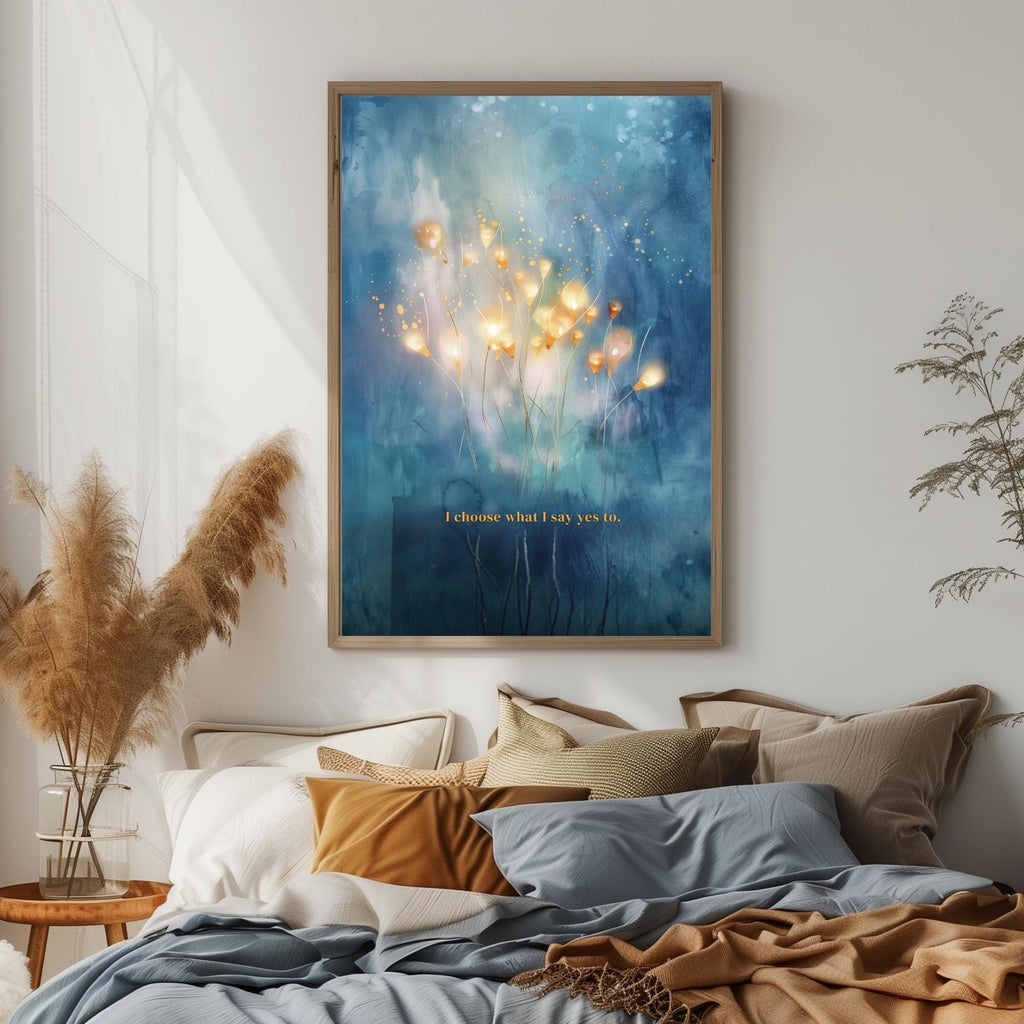 "I choose what I say yes to." — Teal & Gold Horizon Print, Abstract Skyline Boundary Affirmation Wall Art