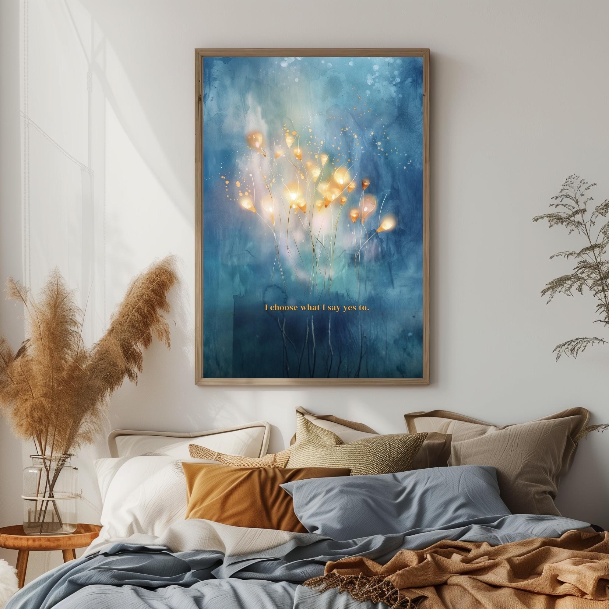 "I choose what I say yes to." — Teal & Gold Horizon Print, Abstract Skyline Boundary Affirmation Wall Art