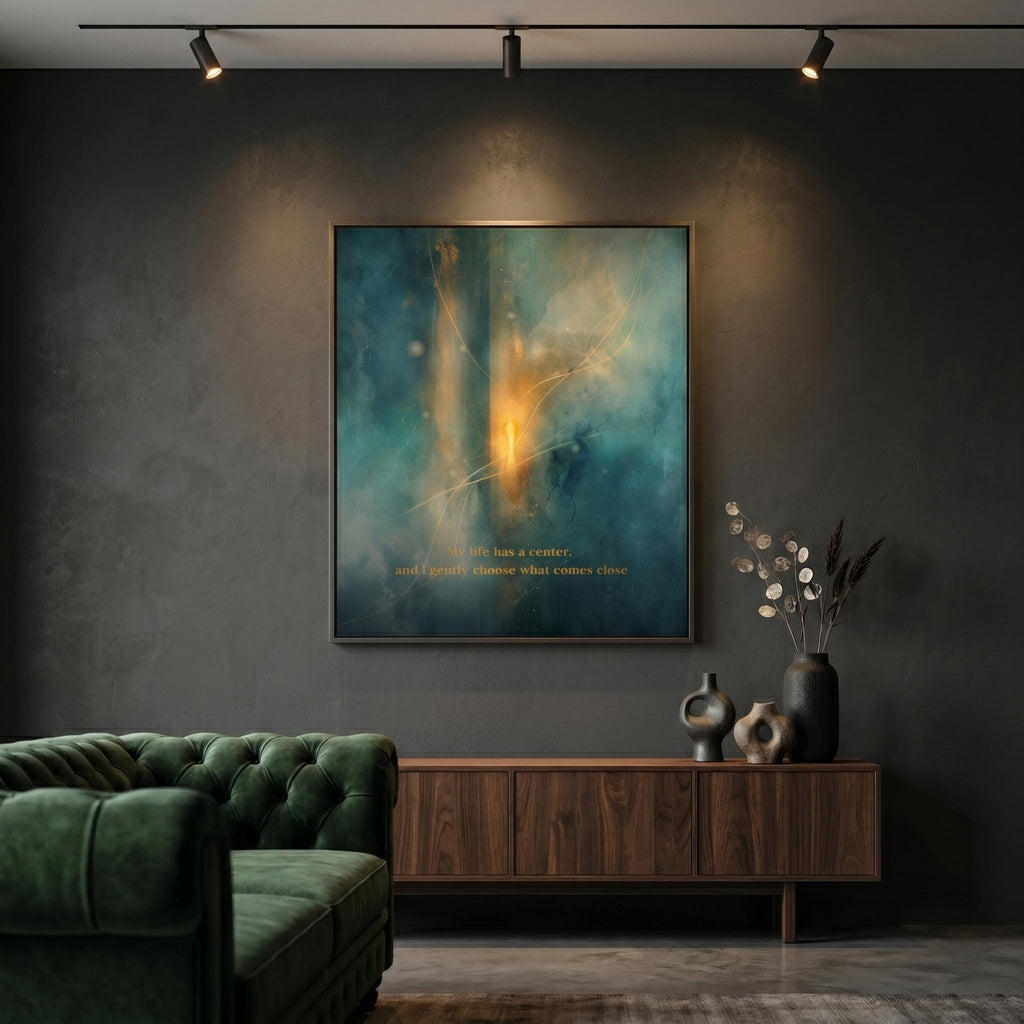 "My life has a center, and I gently choose what comes close." — Patina Blue Abstract Moon Print