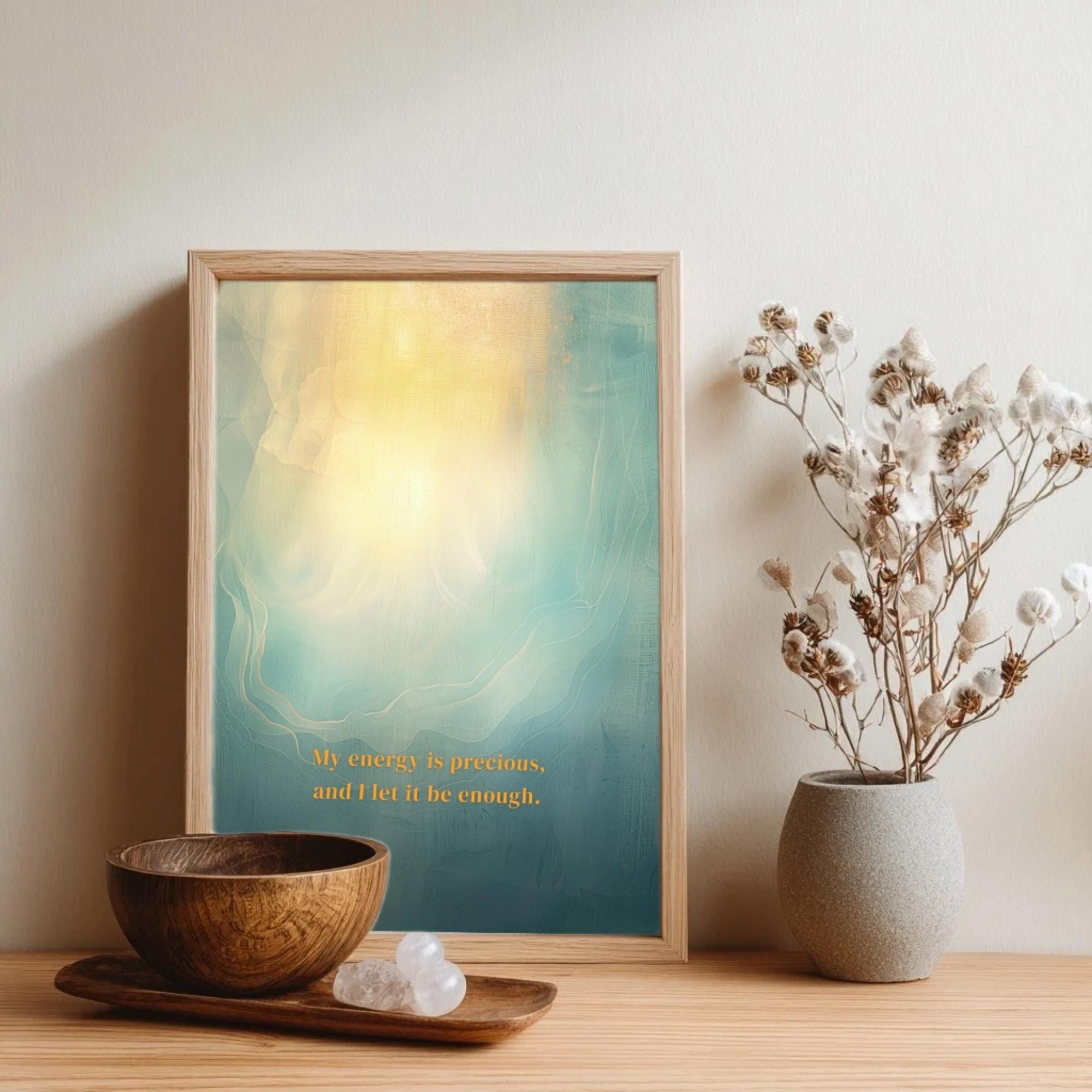 "My energy is precious, and I let it be enough." — Teal & Gold Vertical Glow Abstract Print