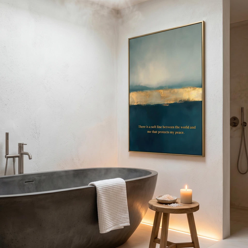 A framed abstract wall art print hangs above a freestanding bathtub in a modern bathroom. The artwork features a dark teal-blue lower section with gold text, a soft cream band, and a muted blue-gray upper section.