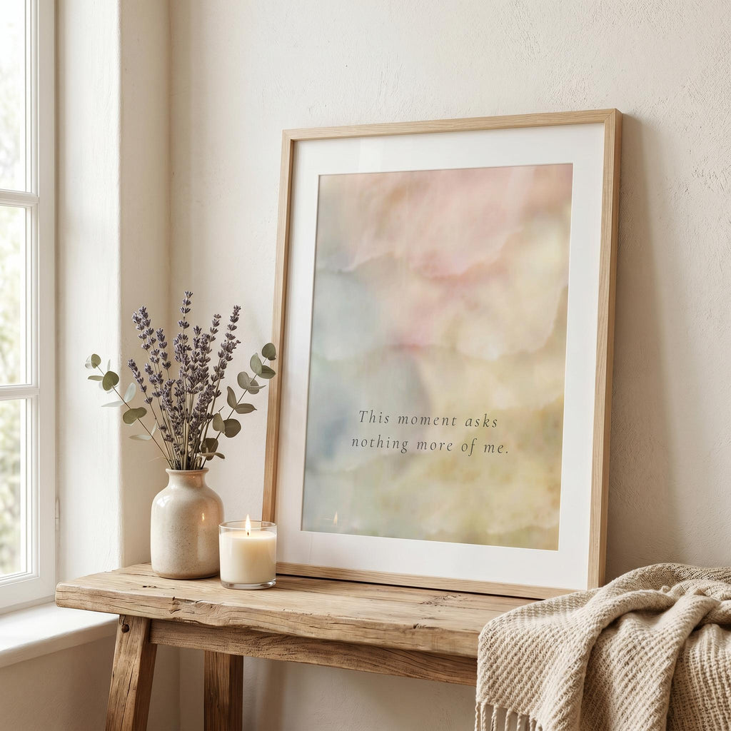 "This moment asks nothing more of me." — Holding Abstract Print, Soft Blush & Honey Mindfulness Wall Art