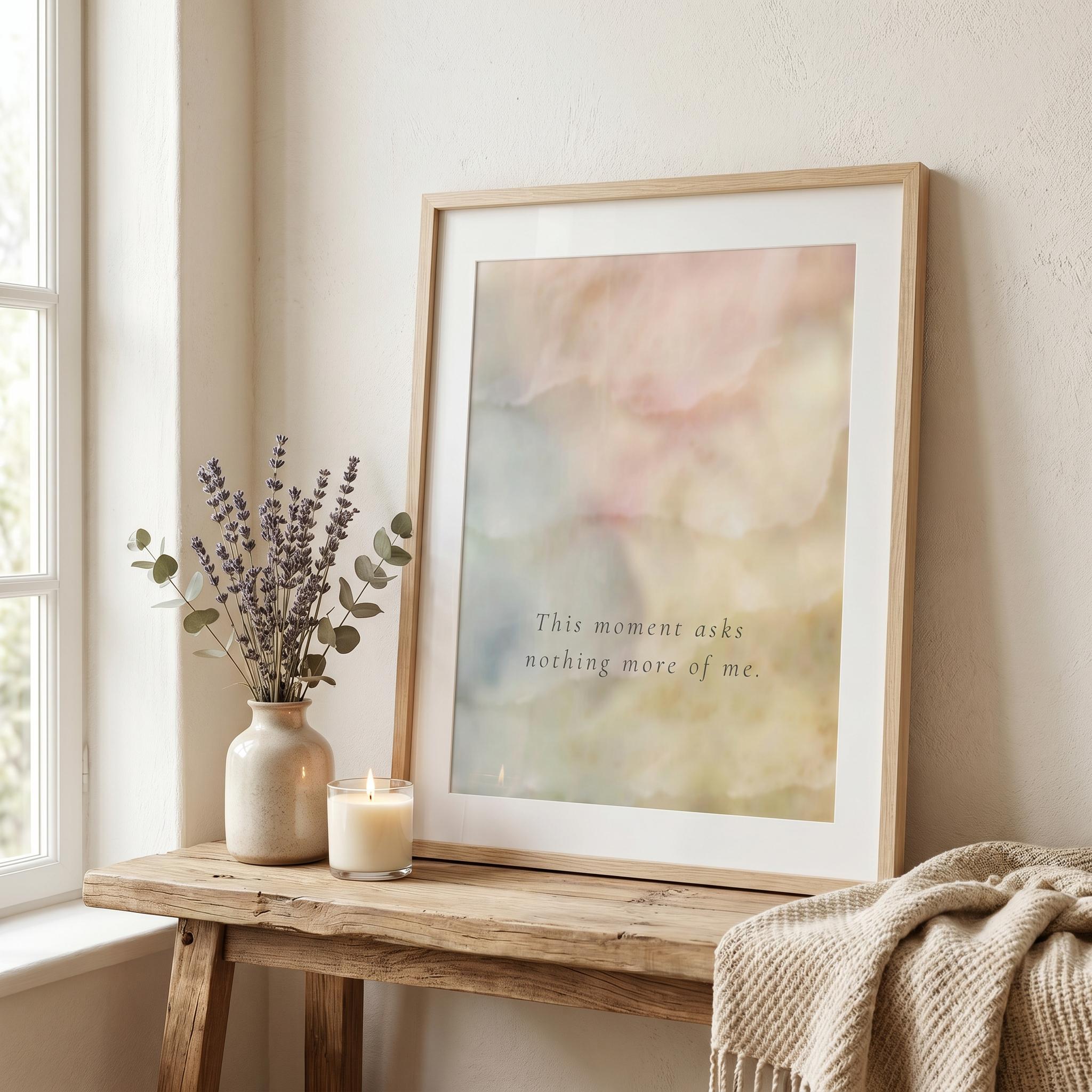 "This moment asks nothing more of me." — Holding Abstract Print, Soft Blush & Honey Mindfulness Wall Art