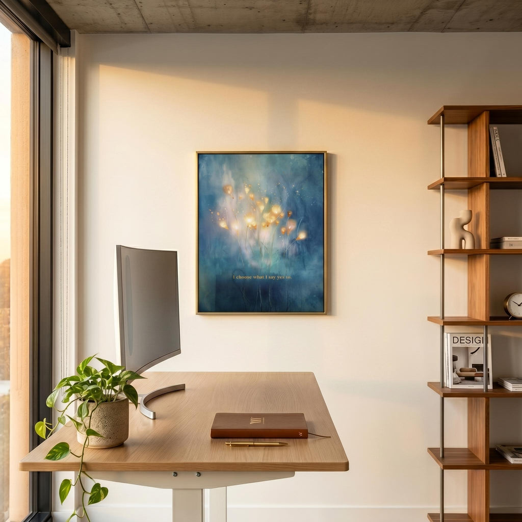 "I choose what I say yes to." — Teal & Gold Horizon Print, Abstract Skyline Boundary Affirmation Wall Art