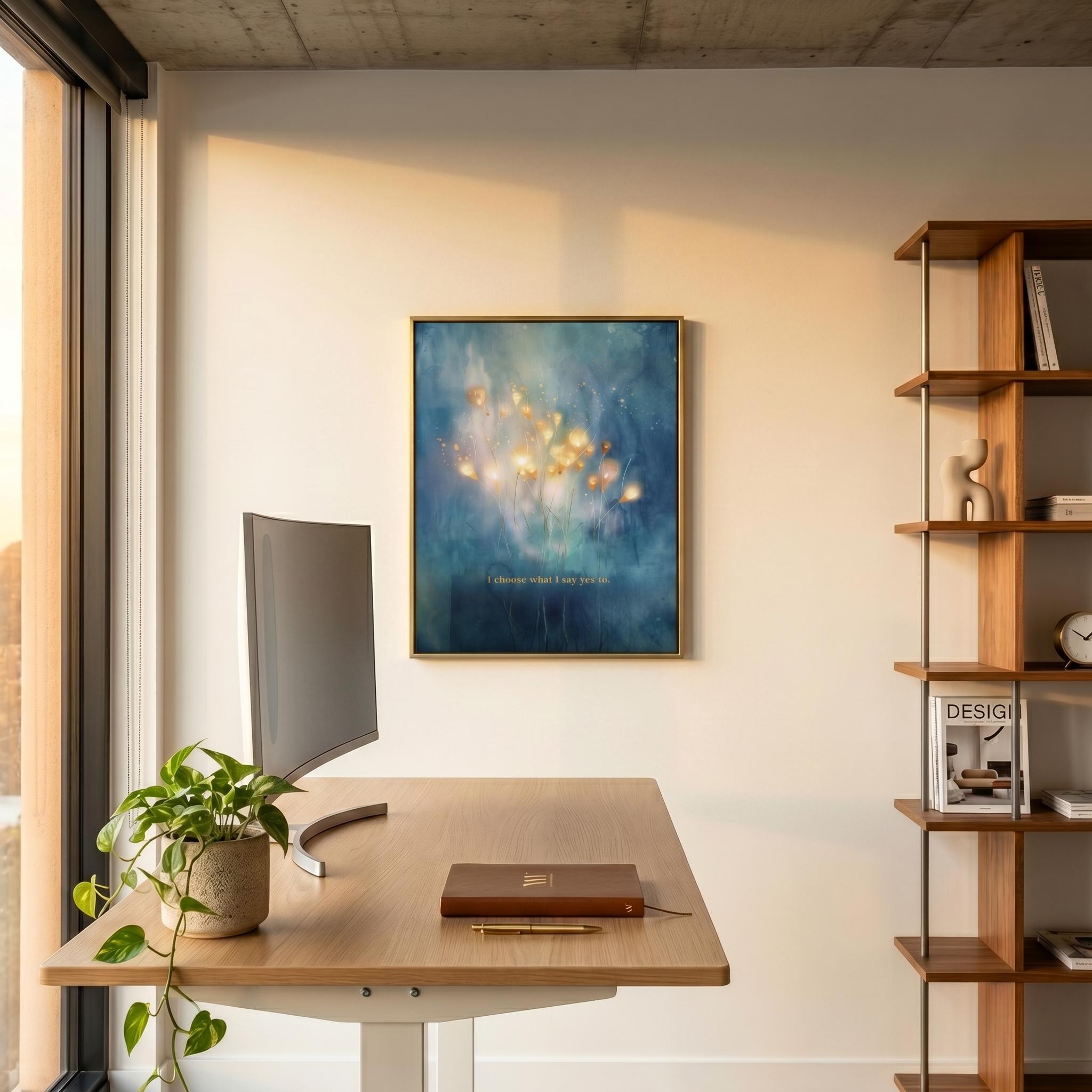 "I choose what I say yes to." — Teal & Gold Horizon Print, Abstract Skyline Boundary Affirmation Wall Art