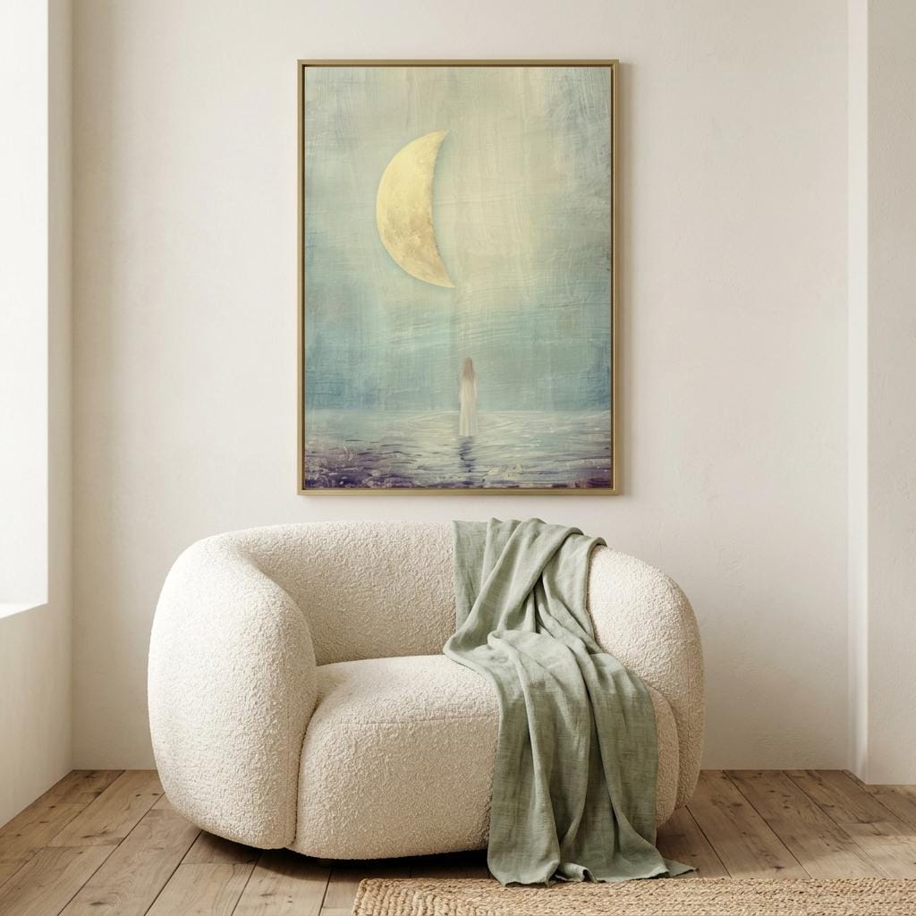 "I find harmony in the in-between." — Half Moon Print, Celestial Balance Wall Art, Teal & Gold (Digital Download)
