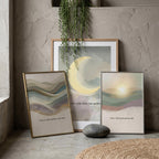 Narrow Sage Green Wall Art Set of 3, Vertical Abstract Wave & Moon Prints, Hallway Decor