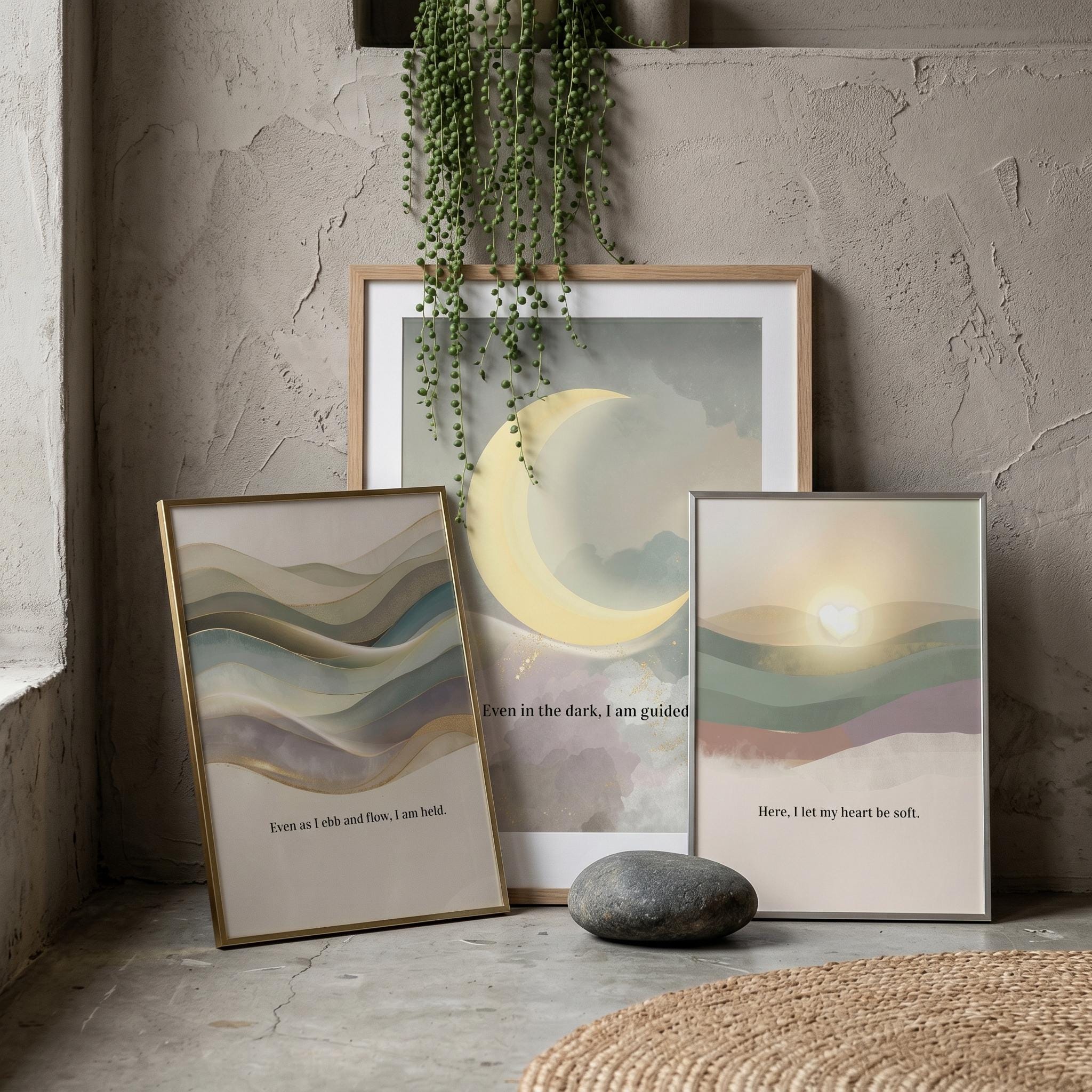 Narrow Sage Green Wall Art Set of 3, Vertical Abstract Wave & Moon Prints, Hallway Decor