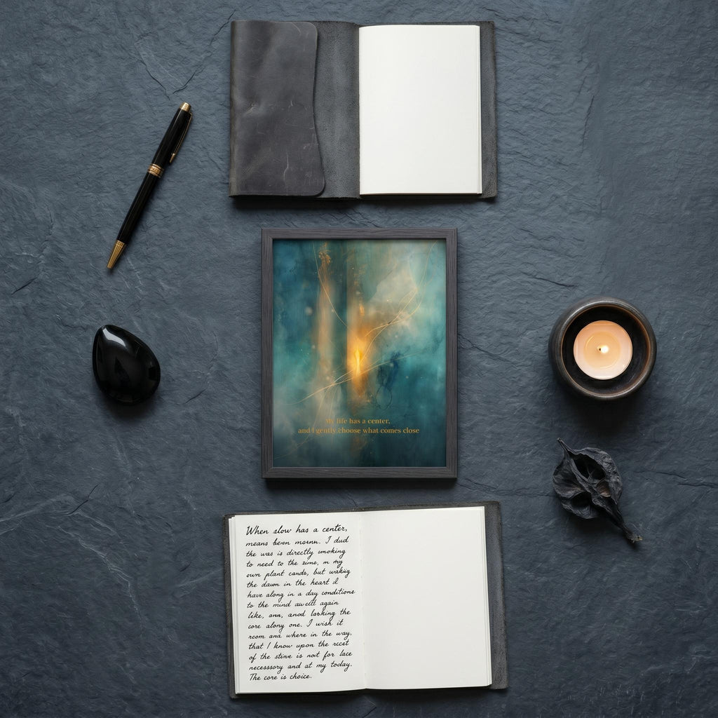"My life has a center, and I gently choose what comes close." — Patina Blue Abstract Moon Print