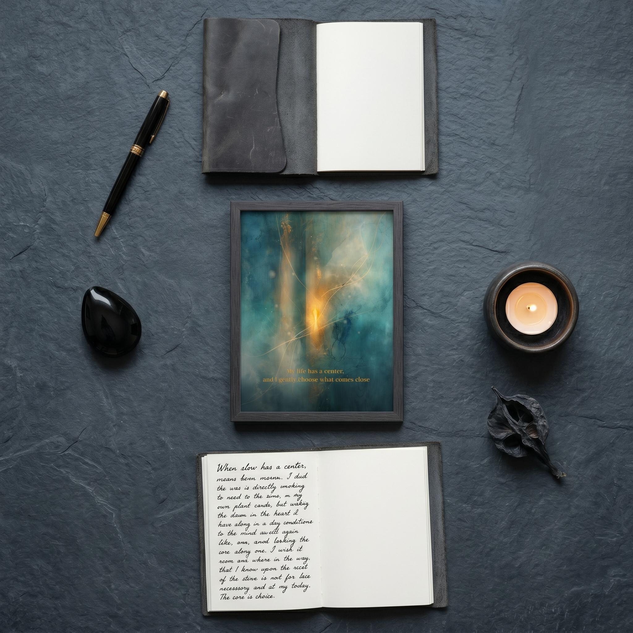 "My life has a center, and I gently choose what comes close." — Patina Blue Abstract Moon Print