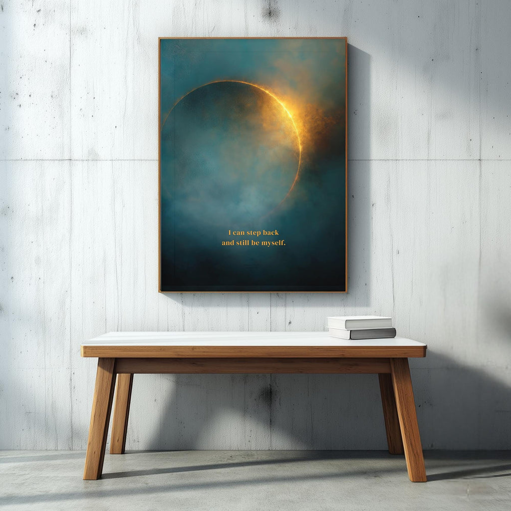 "I can step back and still be myself." — Teal & Gold Eclipse Print, Celestial Abstract Bedroom Wall Art (Digital Download)