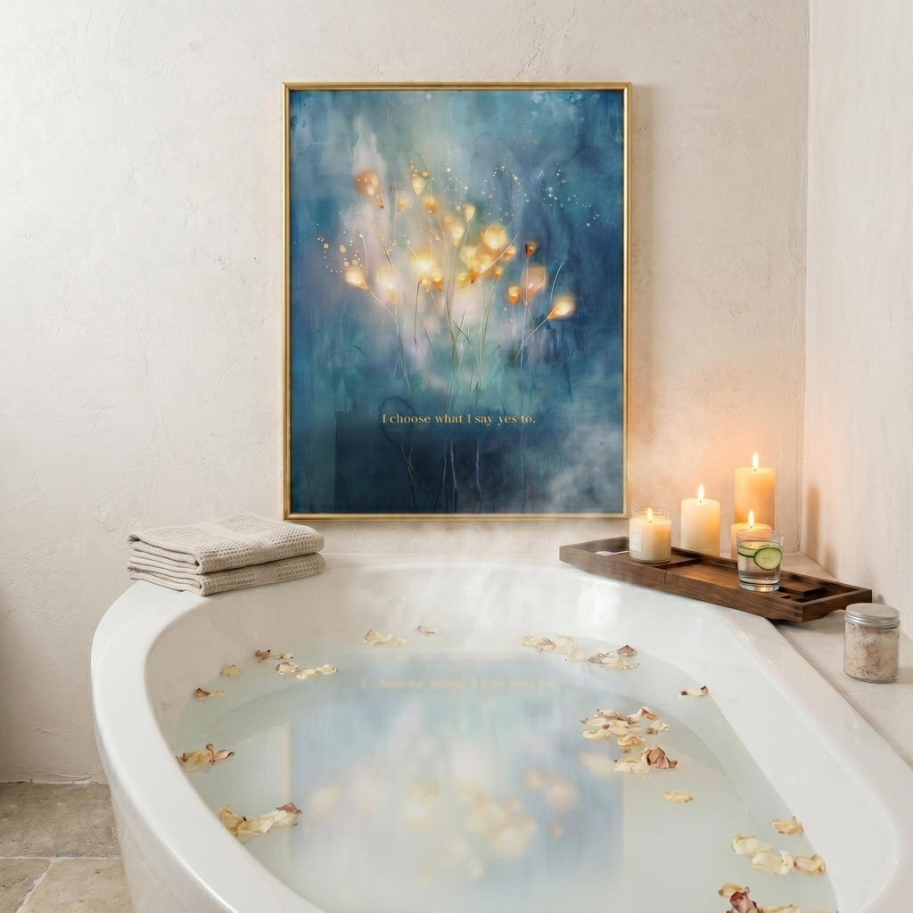 "I choose what I say yes to." — Teal & Gold Horizon Print, Abstract Skyline Boundary Affirmation Wall Art