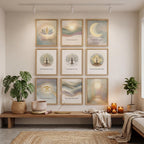Narrow Sage Green Wall Art Set of 3, Vertical Abstract Wave & Moon Prints, Hallway Decor