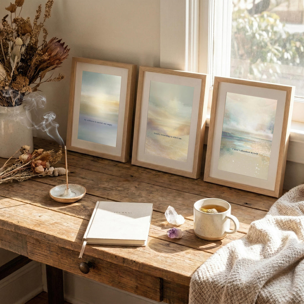"Stillness, returning, belonging." — Mindfulness Gallery Wall Set of 3, Ethereal Aura Affirmation Prints (Digital Download)