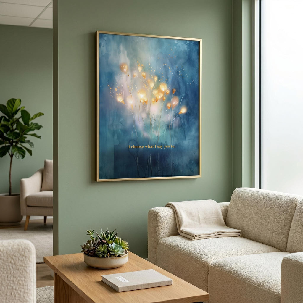 "I choose what I say yes to." — Teal & Gold Horizon Print, Abstract Skyline Boundary Affirmation Wall Art