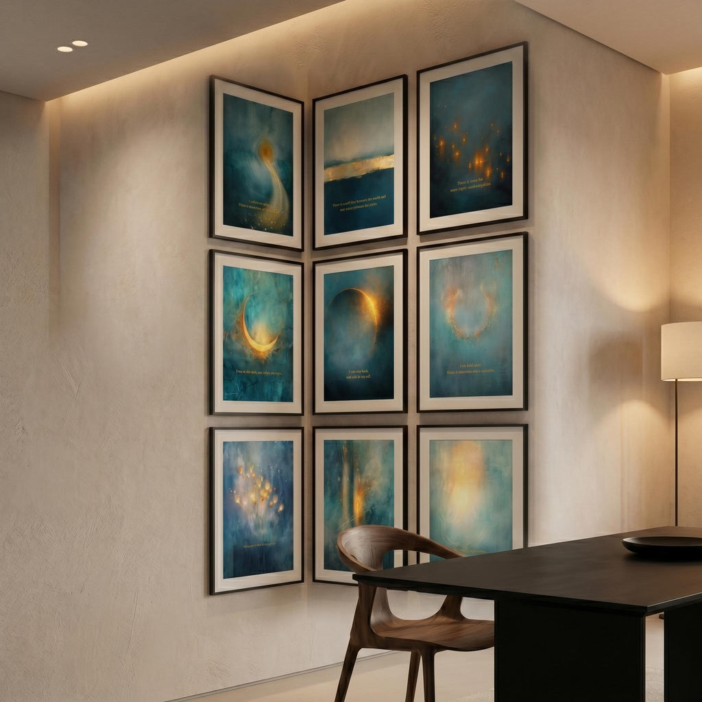 "Deep teal, gold light, sacred space." — Celestial Teal & Gold Gallery Wall Set of 9, Abstract Landscape Hallway Prints