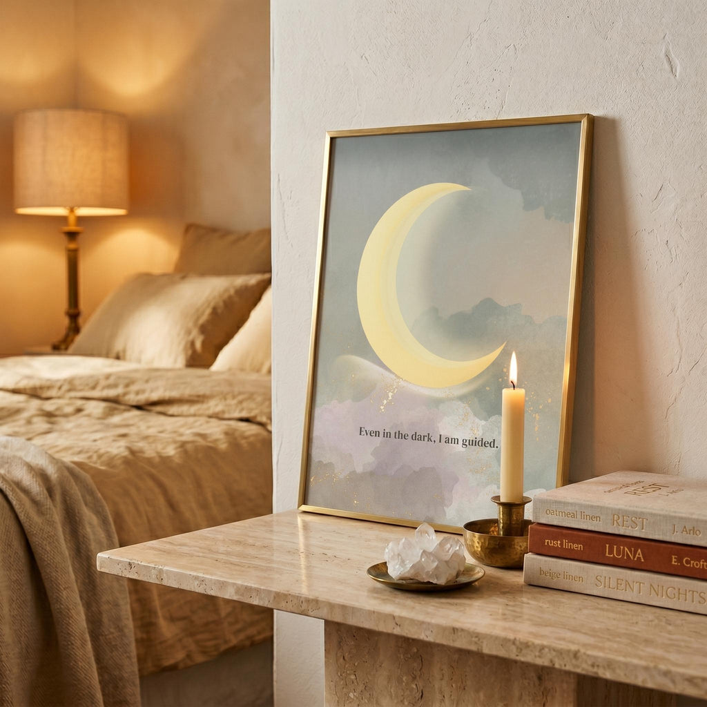 "Even in the dark, I am guided" - Crescent Moon Wall Art