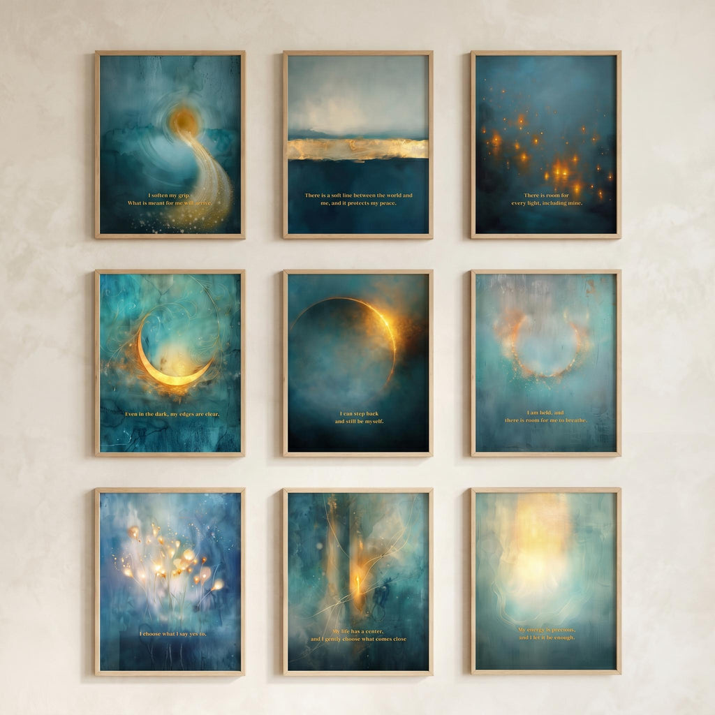 "Deep teal, gold light, sacred space." — Celestial Teal & Gold Gallery Wall Set of 9, Abstract Landscape Hallway Prints