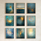"Deep teal, gold light, sacred space." — Celestial Teal & Gold Gallery Wall Set of 9, Abstract Landscape Hallway Prints