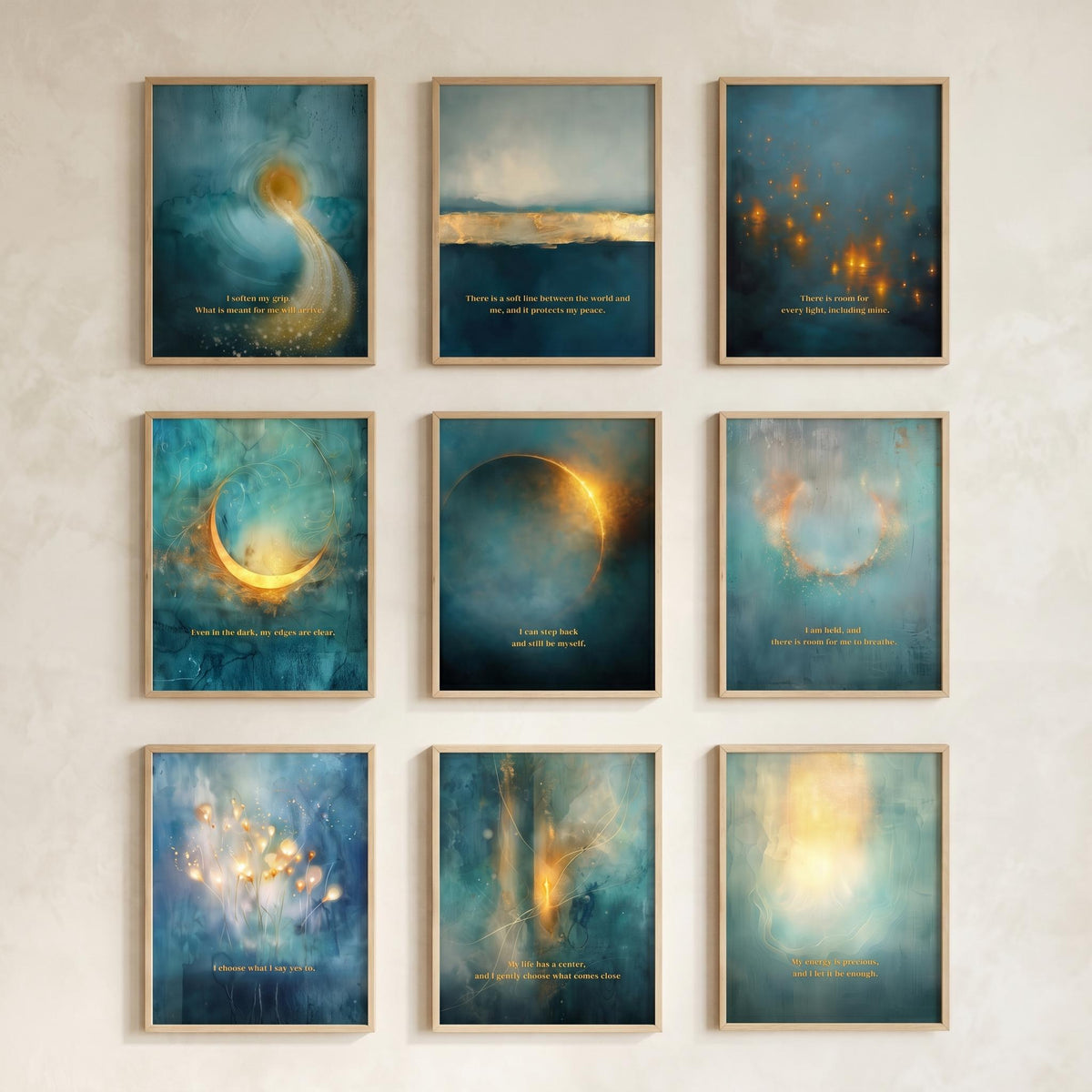 "Deep teal, gold light, sacred space." — Celestial Teal & Gold Gallery Wall Set of 9, Abstract Landscape Hallway Prints
