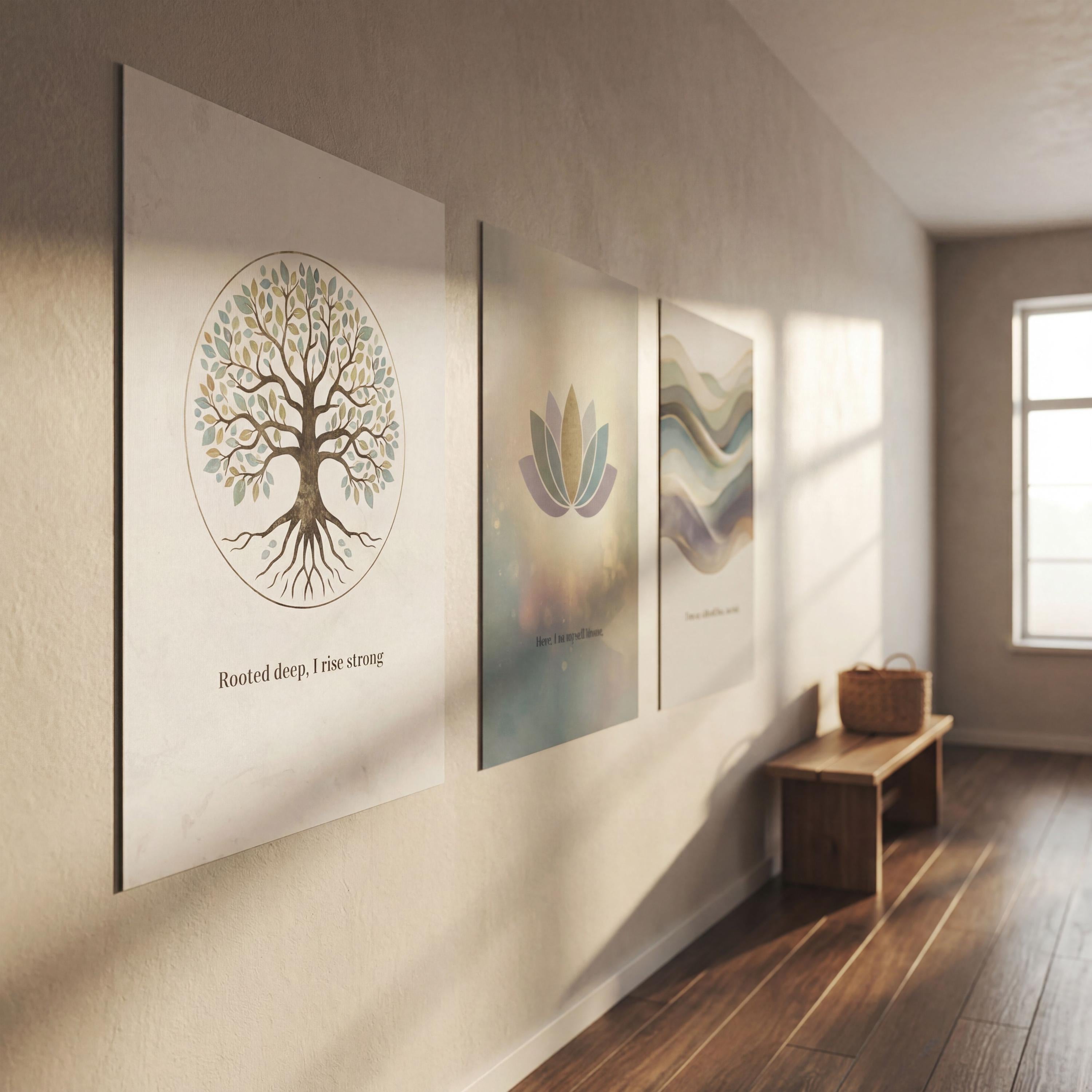 "Rooted, flowing, blooming." — Healing Journey Gallery Wall Set of 3, Pastel Affirmation Prints