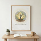Sacred geometry tree art print displayed above a scandi desk