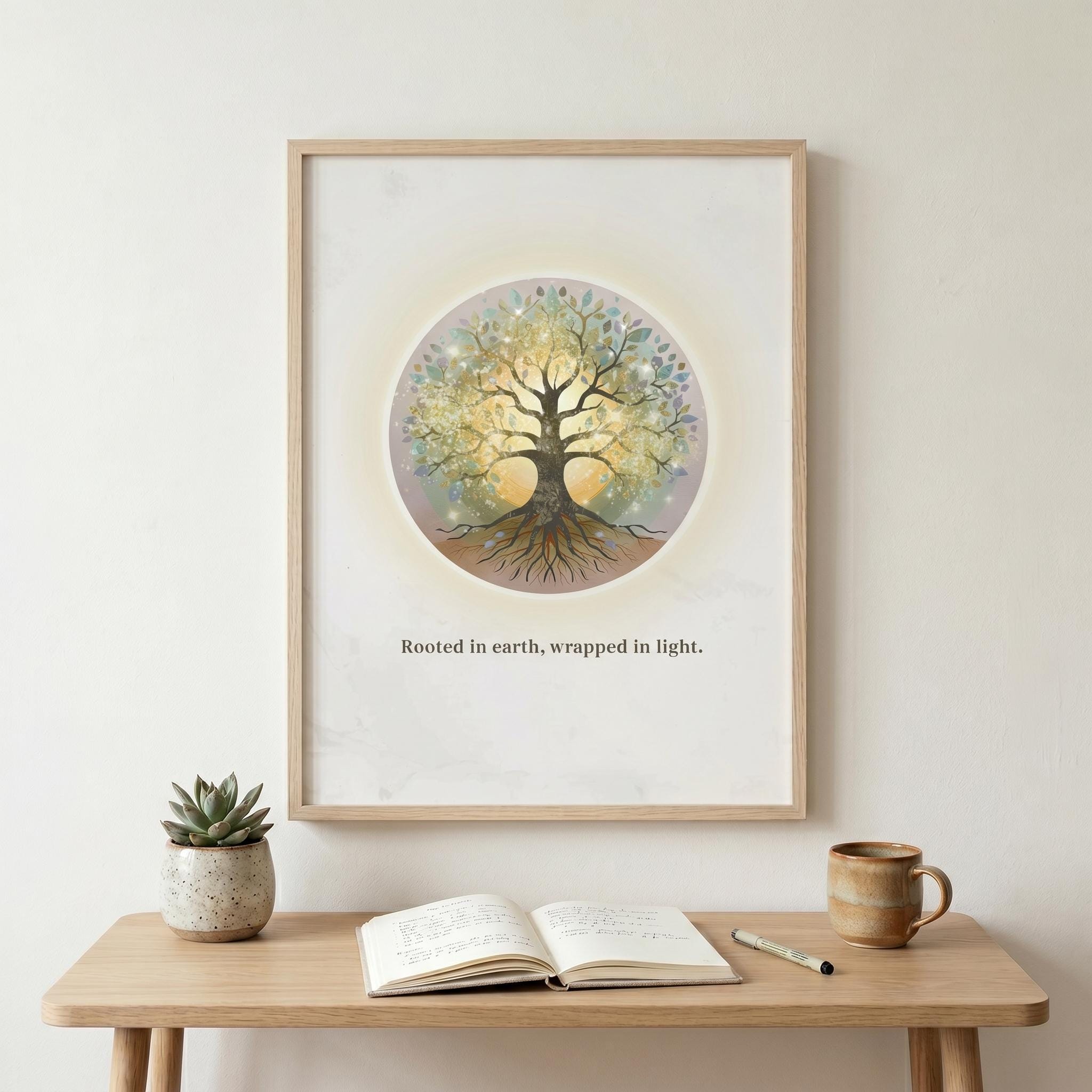 Sacred geometry tree art print displayed above a scandi desk
