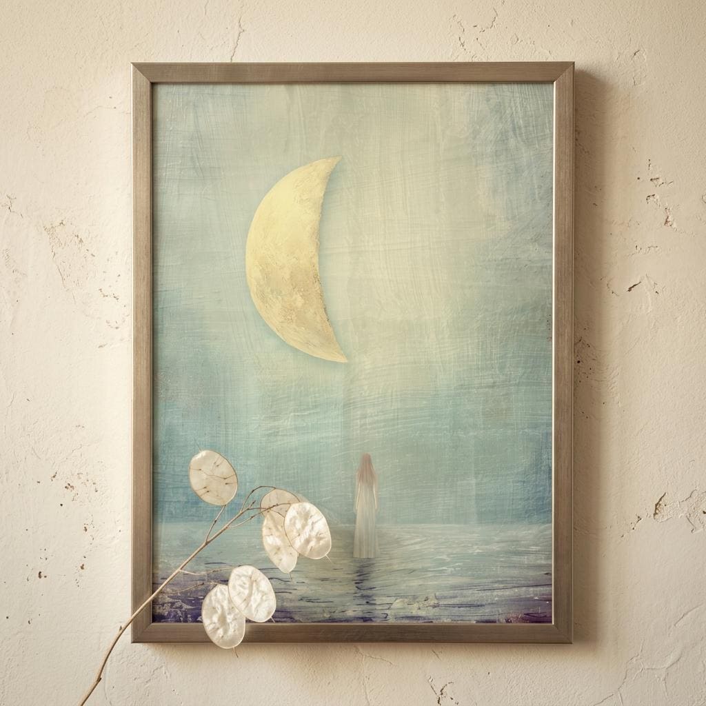 "I find harmony in the in-between." — Half Moon Print, Celestial Balance Wall Art, Teal & Gold (Digital Download)
