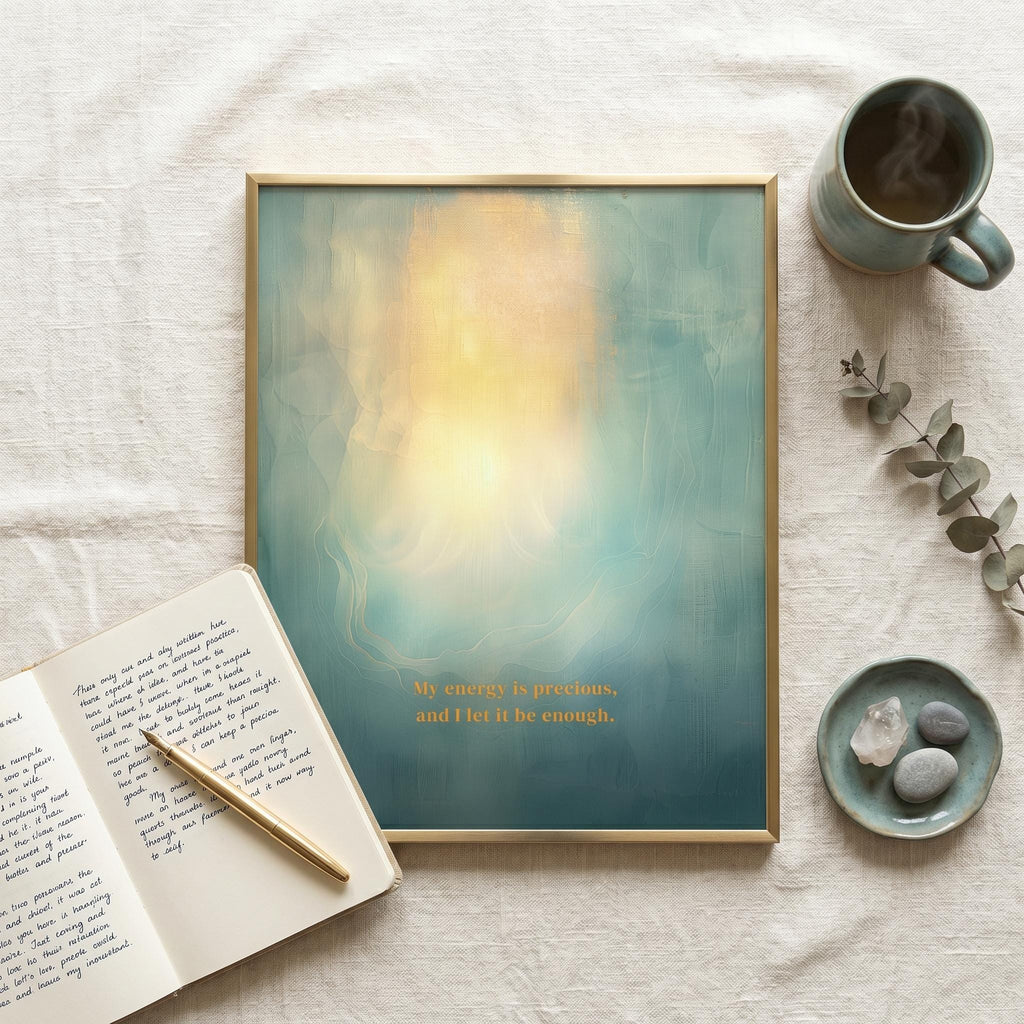 "My energy is precious, and I let it be enough." — Teal & Gold Vertical Glow Abstract Print