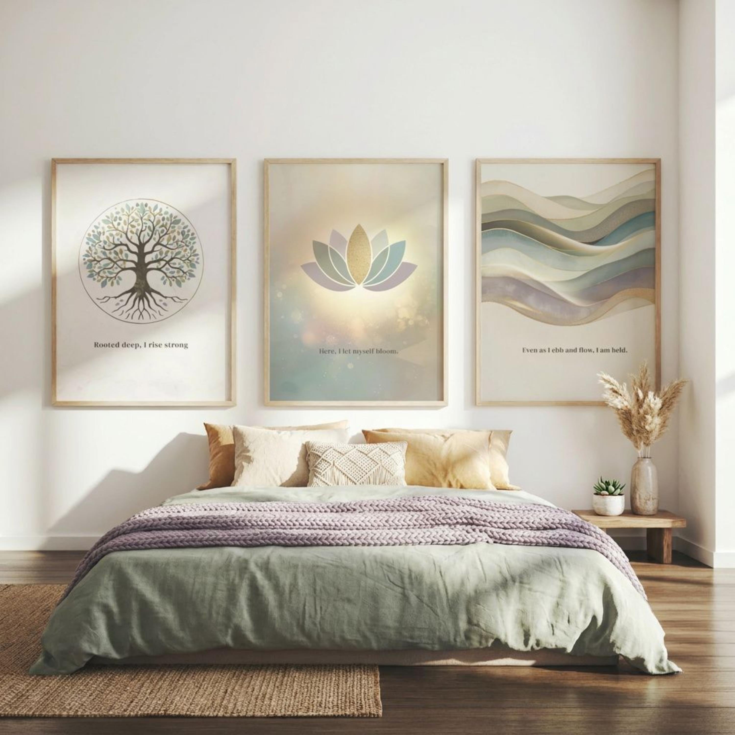 "Rooted, flowing, blooming." — Healing Journey Gallery Wall Set of 3, Pastel Affirmation Prints