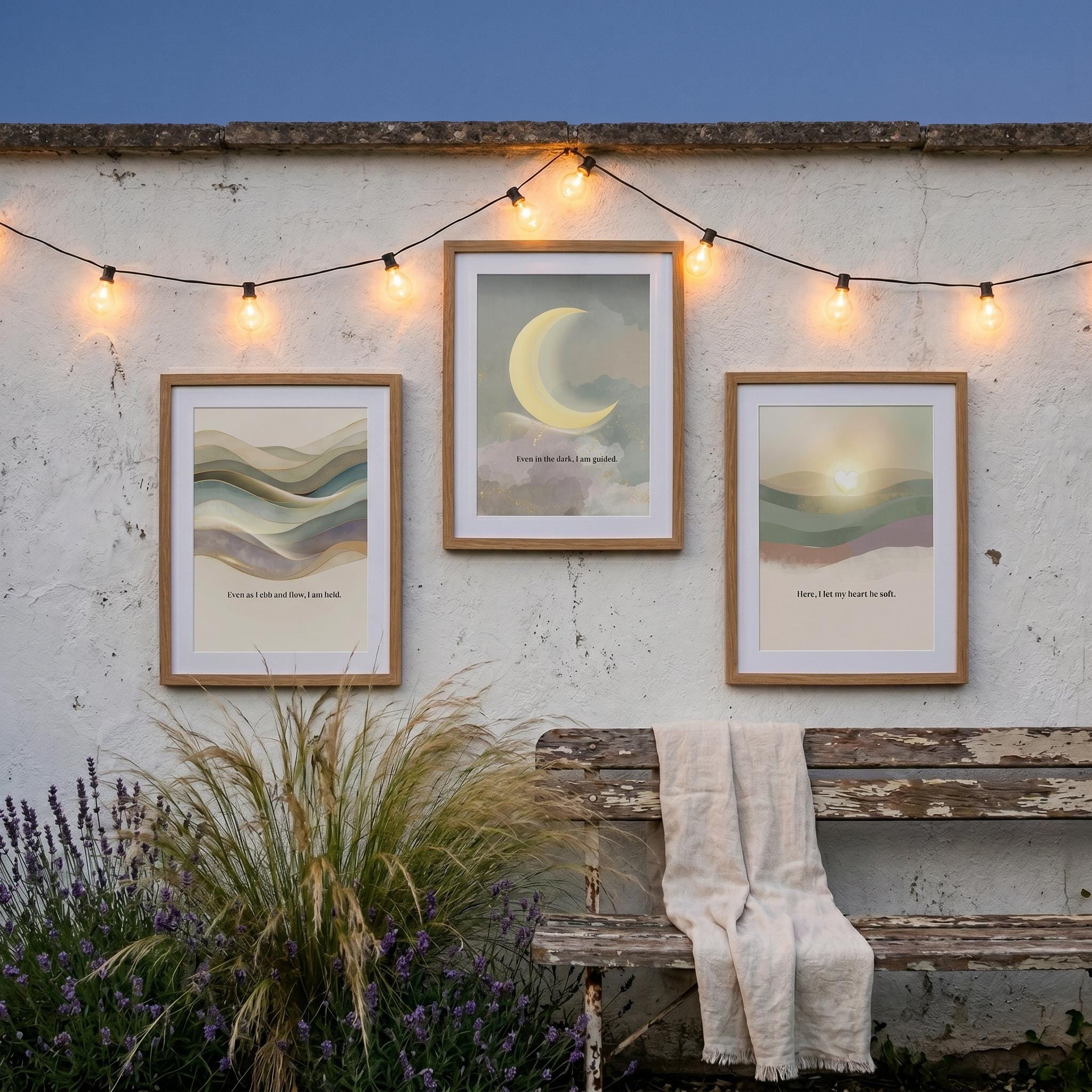 Narrow Sage Green Wall Art Set of 3, Vertical Abstract Wave & Moon Prints, Hallway Decor