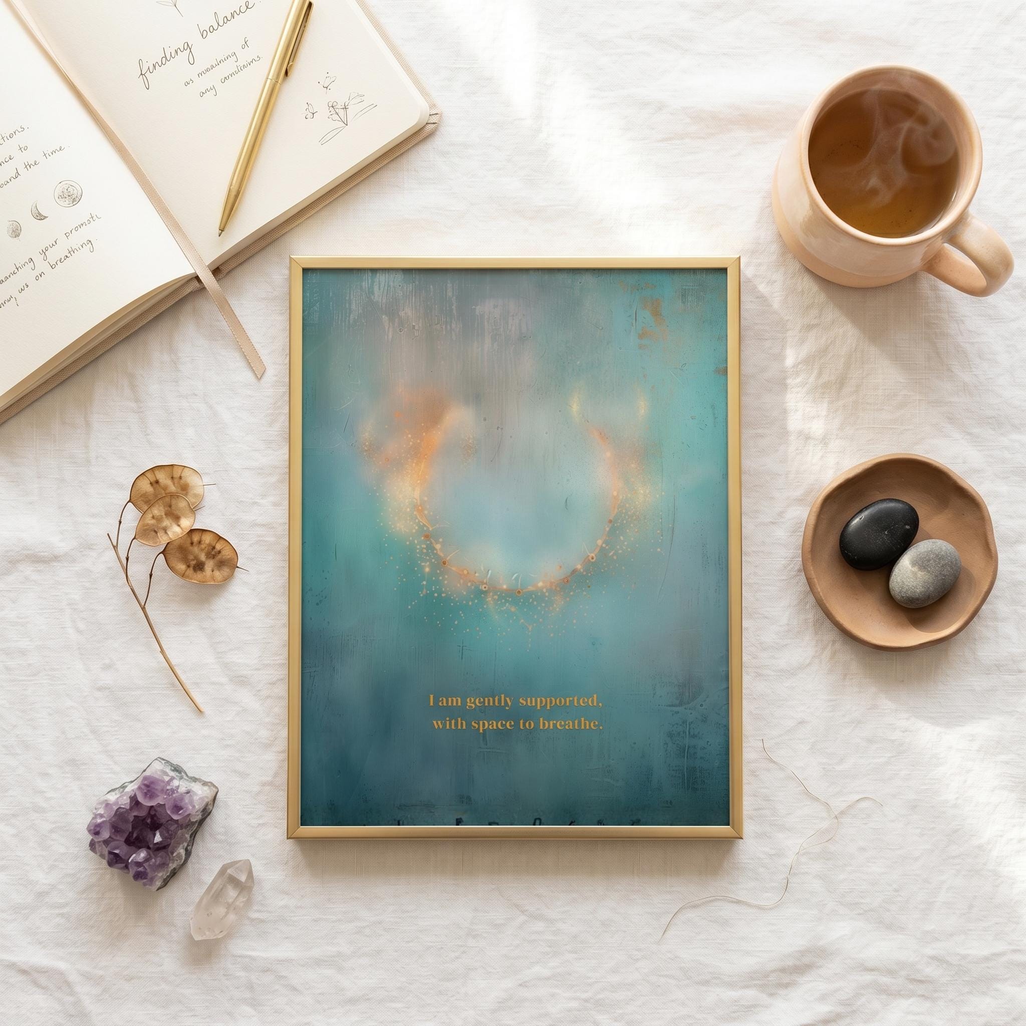 "I am gently supported, with space to breathe." — Teal & Gold Circle of Light Abstract Print (Digital Download)