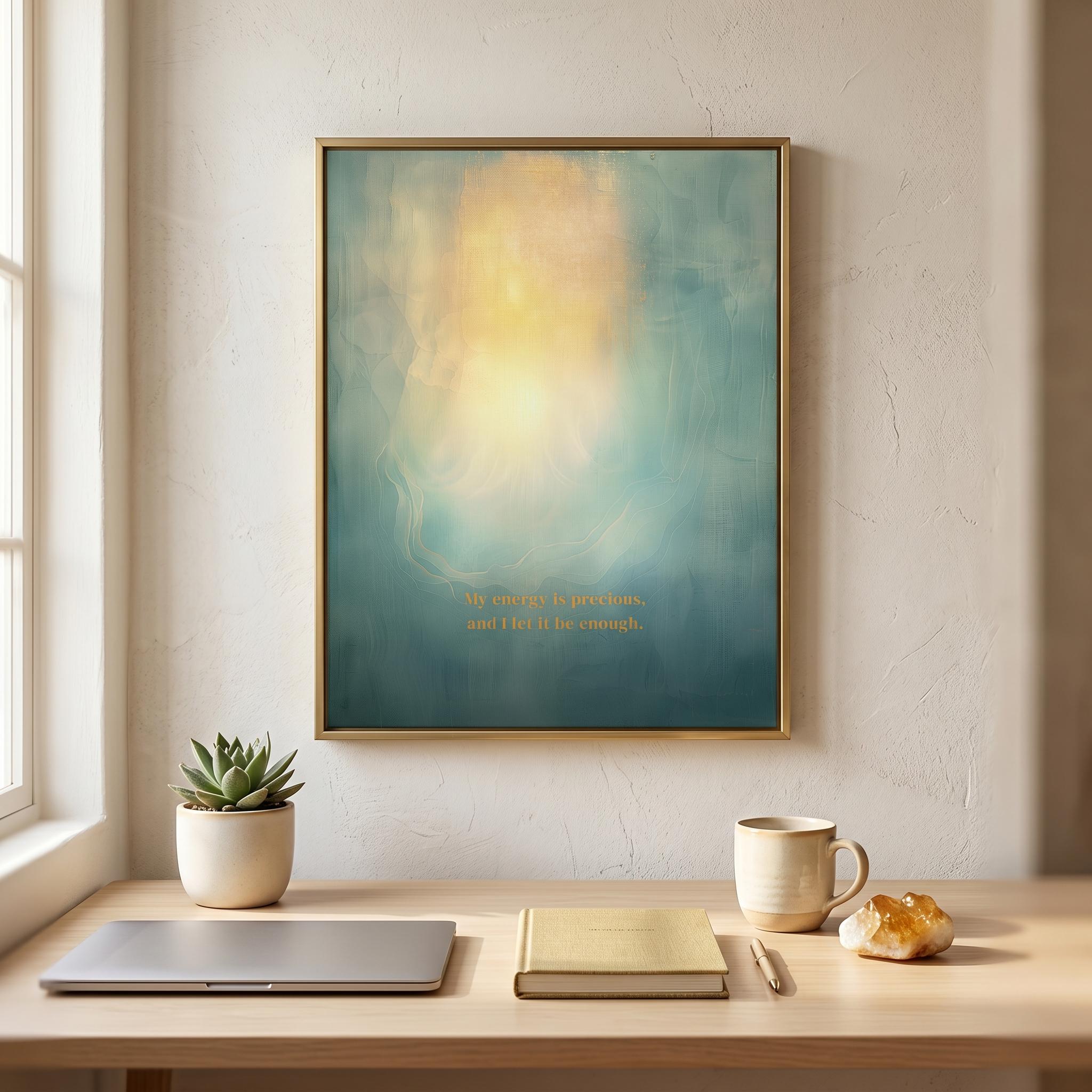 "My energy is precious, and I let it be enough." — Teal & Gold Vertical Glow Abstract Print