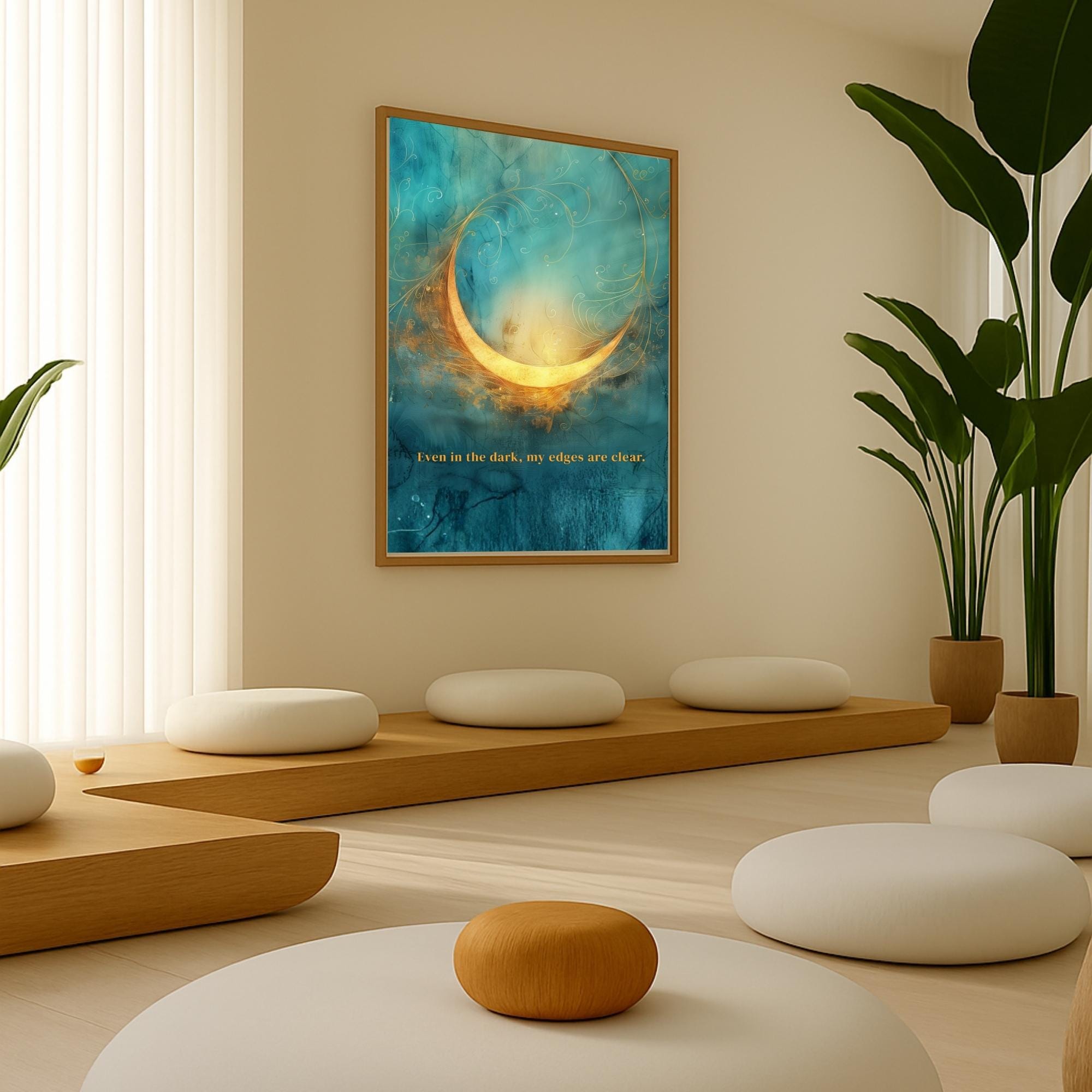 "Even in the dark, my edges are clear." — Teal & Gold Abstract Glow Print, Boundary Affirmation Wall Art