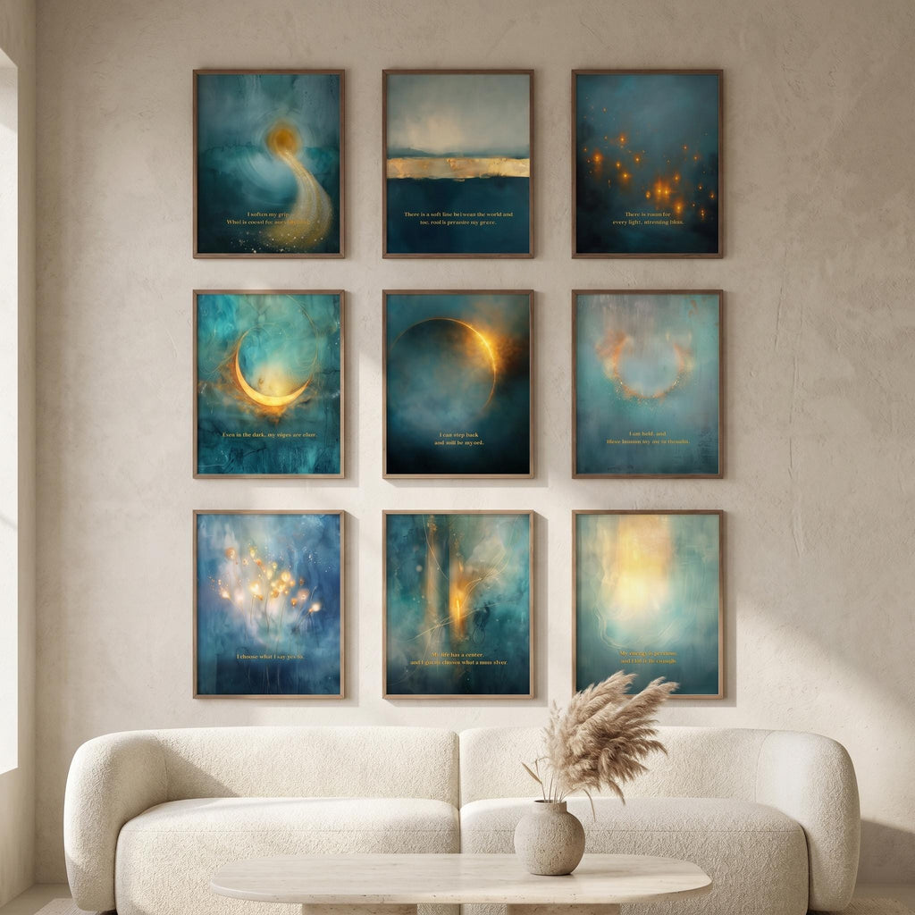 "Deep teal, gold light, sacred space." — Celestial Teal & Gold Gallery Wall Set of 9, Abstract Landscape Hallway Prints