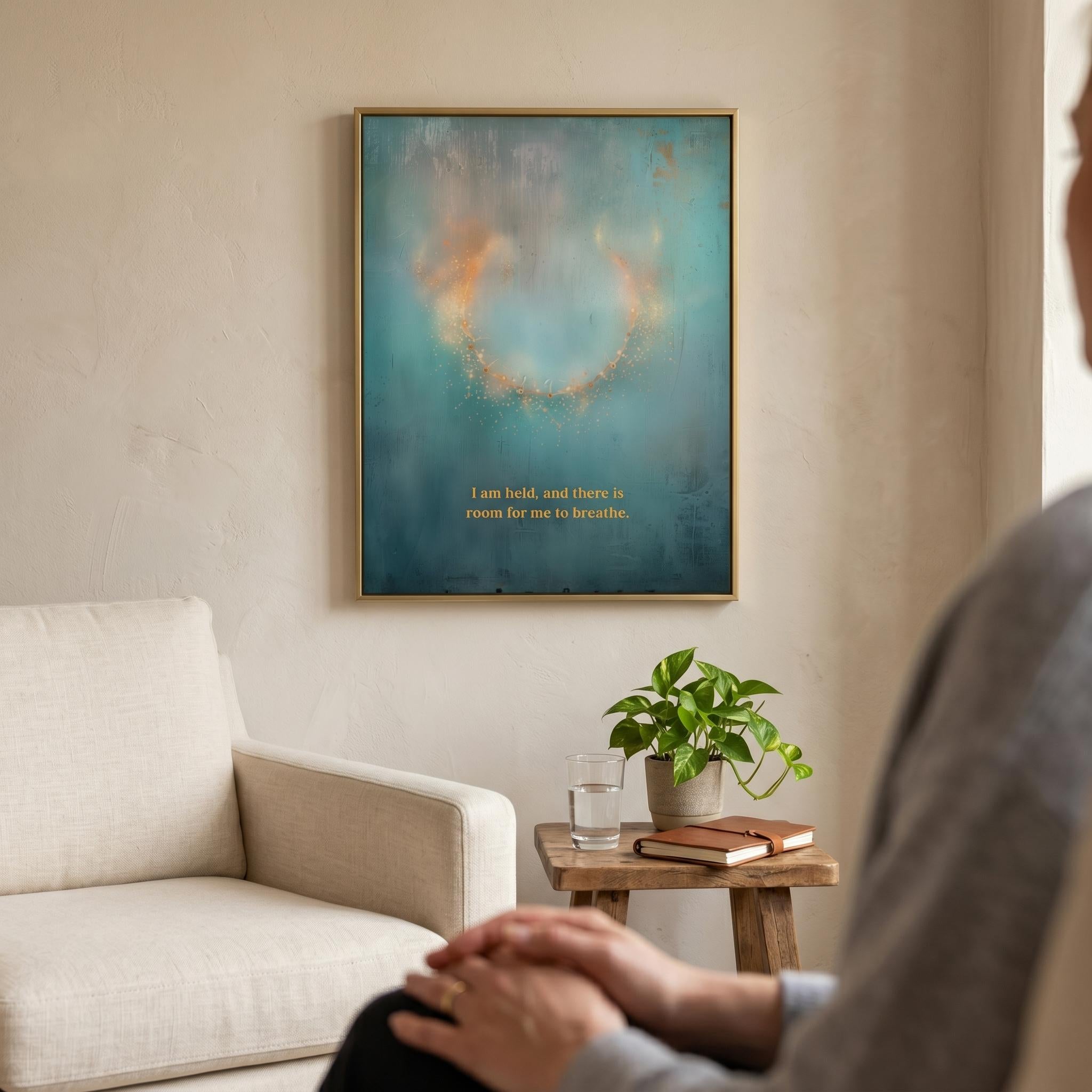 "I am gently supported, with space to breathe." — Teal & Gold Circle of Light Abstract Print (Digital Download)