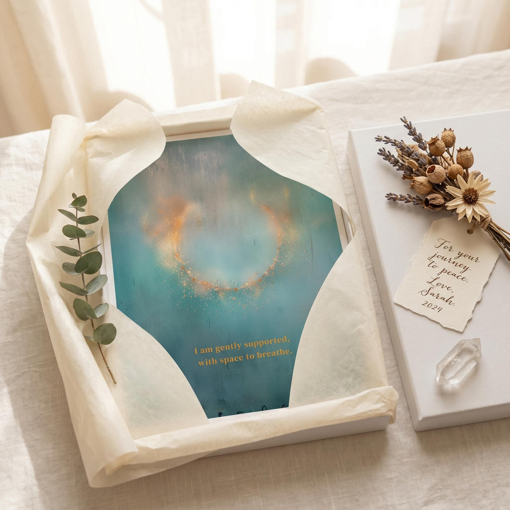 "I am gently supported, with space to breathe." — Teal & Gold Circle of Light Abstract Print (Digital Download)