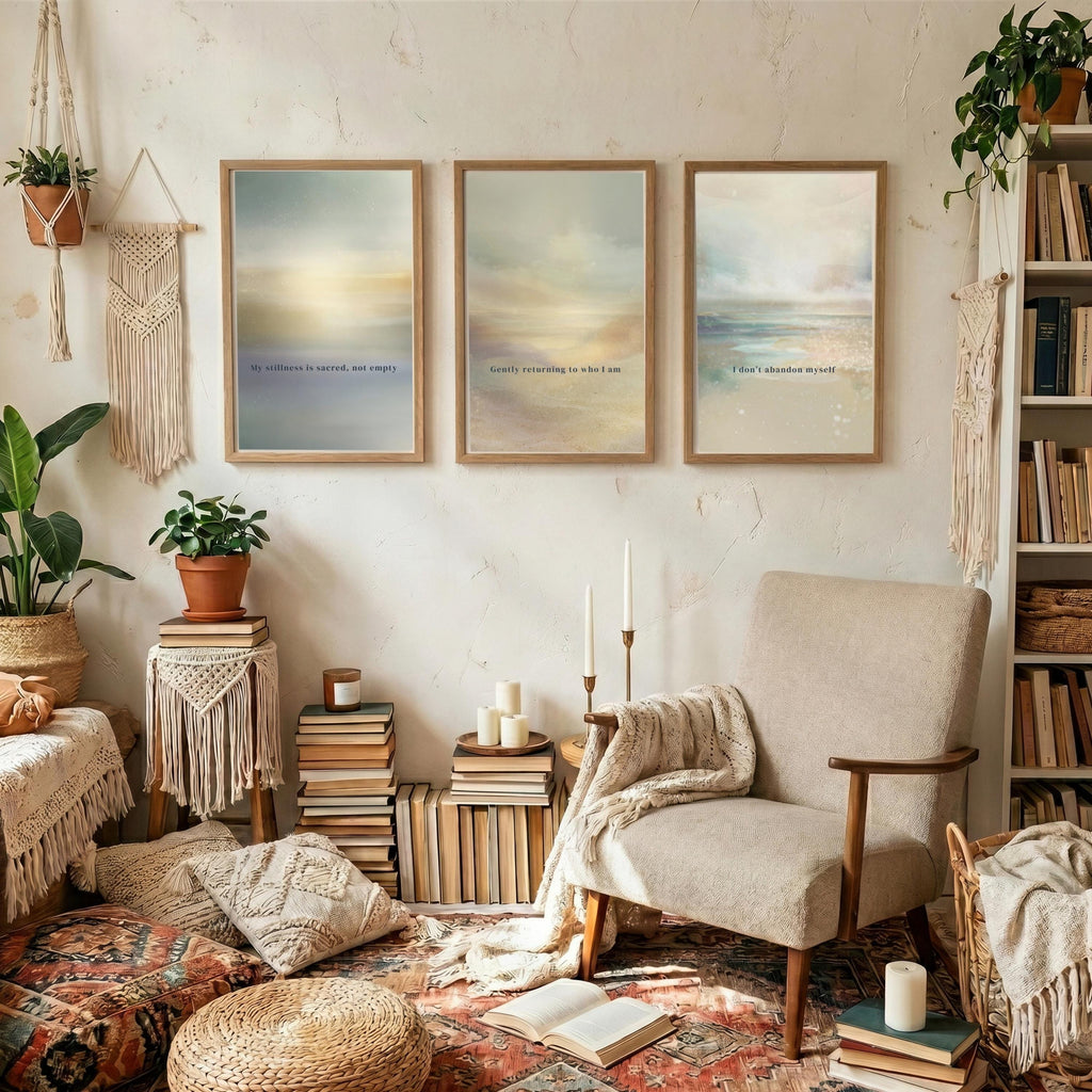 "Stillness, returning, belonging." — Mindfulness Gallery Wall Set of 3, Ethereal Aura Affirmation Prints (Digital Download)