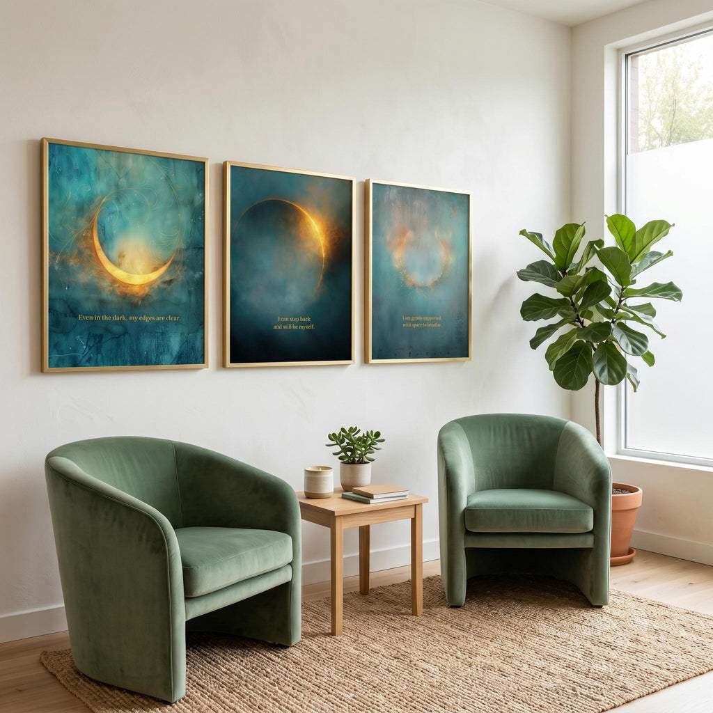 Celestial Moon Wall Art Set of 3, Teal & Gold Spiritual Lunar Prints, Bedroom Gallery Wall