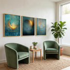Celestial Moon Wall Art Set of 3, Teal & Gold Spiritual Lunar Prints, Bedroom Gallery Wall