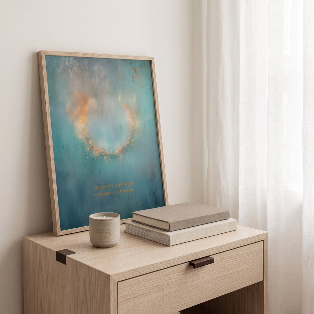 "I am gently supported, with space to breathe." — Teal & Gold Circle of Light Abstract Print (Digital Download)