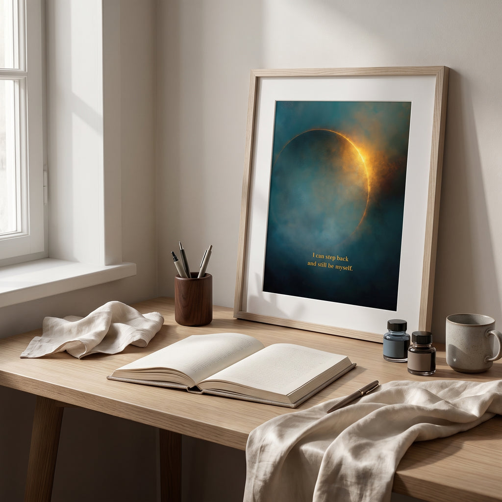 "I can step back and still be myself." — Teal & Gold Eclipse Print, Celestial Abstract Bedroom Wall Art (Digital Download)