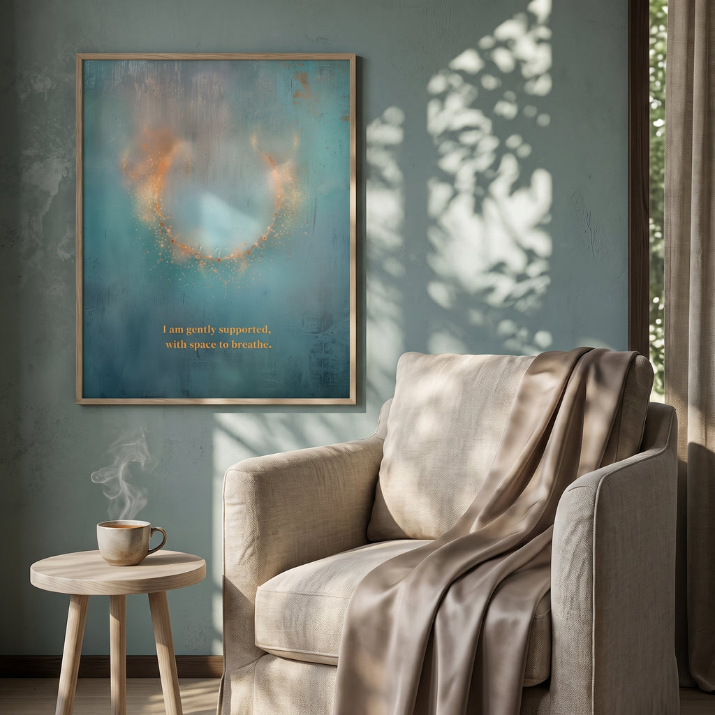 "I am gently supported, with space to breathe." — Teal & Gold Circle of Light Abstract Print (Digital Download)